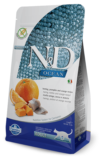 FARMINA N&D CAT GF OCEAN HERRING PUMPKIN sausā barība kaķiem Siļķes, ķirbis, apelsīni 5kg